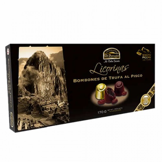 DI PERUGIA LICORINAS MACHU PICCHU - CHOCOLATE TRUFFLE'S BONBON  FILLED WITH PISCO & RAISINS, BOX OF 170 GR