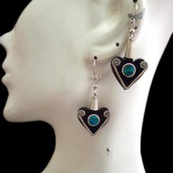 12 WHOLESALE BULL HORN EARRINGS  HANDMADE PERUVIAN ALPACA SILVER &TURQUOISE STONE